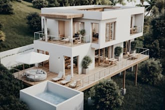 villa modern redesign,exterior vizualization, pool,balcony design,vray rendering