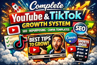 complete youtube tiktok growth system SEO repurposing canva template