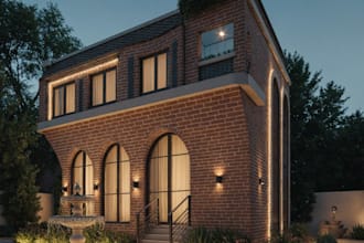 rebuild brick villa,green rooftop,landscape,modern house exterior visualization
