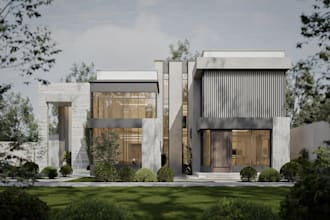 rebuild modern villa exterior,landscape design,dwg file to 3d model,vray render