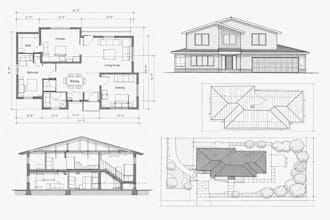 draw architectural floor plans, elevation, section, roof, site plans in autocad