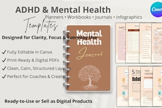 canva adhd planner and mental health workbook infographics and journal templates