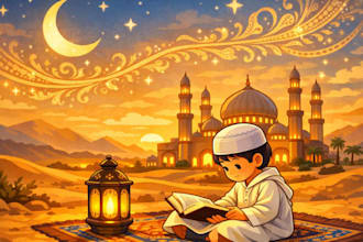 create islamic children book illustration,  children book illustration