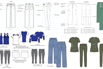 design denim, jeans, pant wear, jacket flat sketch, and tech packs