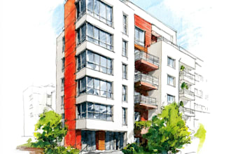 sketch architecture building with watercolor rendering