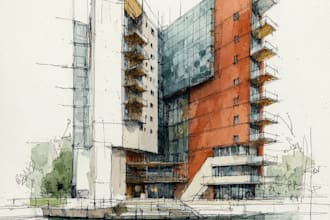 sketch architecture building with watercolor rendering