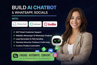 build ai chatbot for website, whatsapp, socials with manychat, chatbase, twilo