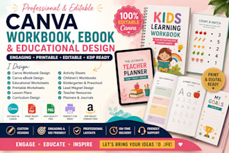 design canva workbook, editable ebook, educational worksheet and curriculum pdf