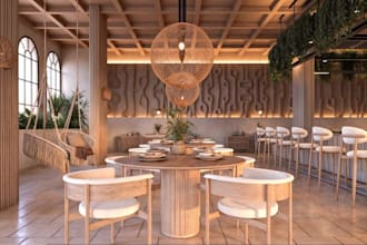 recreate 3d coffee lounge,restaurant swing seat,bistro dining, chop house render