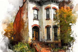 create house and building photo into watercolor art
