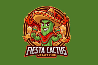 draw funny cactus mexican sombrero hat maracas mascot logo