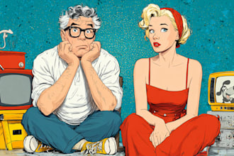 draw vintage cartoon art illustration in pop art style
