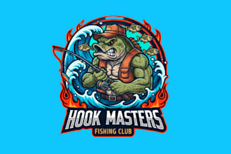 make fish mascot fishing sport tattoo fishes in wave logo