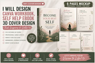 design canva workbook, self help ebook 3d cover design for etsy digital product
