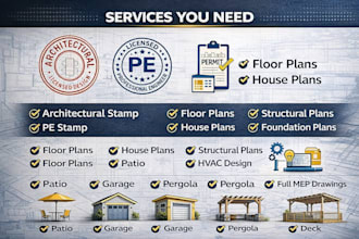 architectural, structural, mep for city permit with architectural stamp