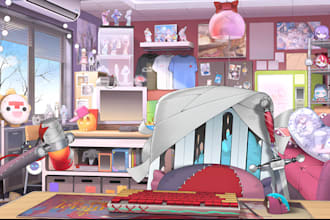draw anime vtuber background interior, illustration art assets and accessories