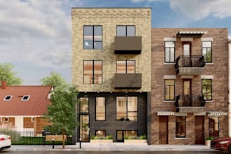 restructure house elevation, apartment exterior,layout plan,brick facade,balcony