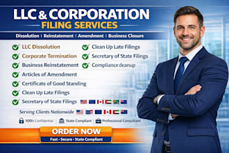 cloose, terminate, file dissolution, amend your us llc or corp reinstatement