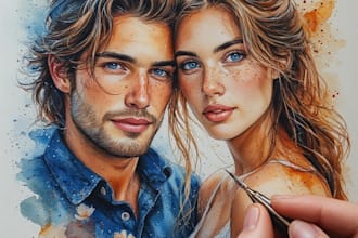 create a romantic watercolor couple portrait illustration