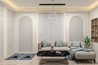 provide minimalist living room interior design and 3d rendering