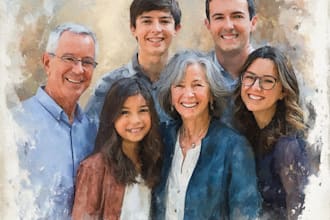 merge photos to watercolor family portrait illustration