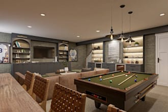 remodel 3d recreation room,man cave design, basement layout render,media lounge