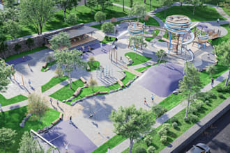 style 3d playground landscape exterior,outdoor space design,kids area render,cgi