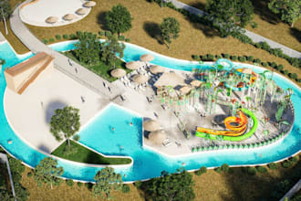 restyle 3d waterpark exterior,playground design,area layout,resort render,garden