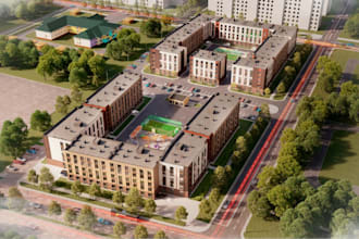 redesign multiple facades, landscape park area, render green area,photorealistic