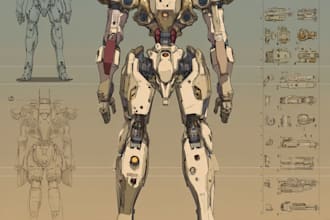 draw mecha and robot reference sheet in anime style