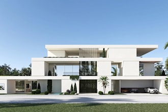 build luxury villa,facade,front elevation,landscape, pool,gazebo,backyard golf