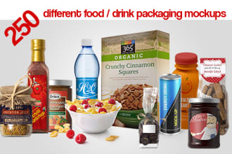 put logo or label on 250 food, beverage mockups, packages