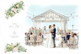 draw watercolor wedding venue, house, landscape