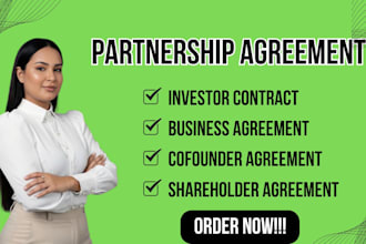 write partnership or shareholder agreement for startups and investment deals