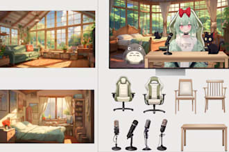 draw vtuber assets, background, vtuber props in anime style for live2d streaming
