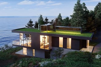 redesign waterfront building, hill side house, vacation home render, roof model