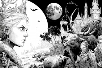 draw detailed black and white illustration fantasy, scifi,