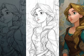 sketch, outline and color cartoon illustrations