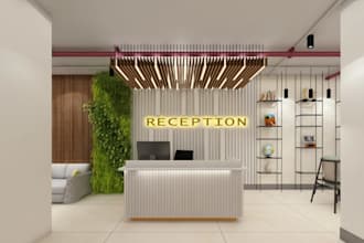 renovate reception interior of office, hotel lobby, commercial space layout, cgi