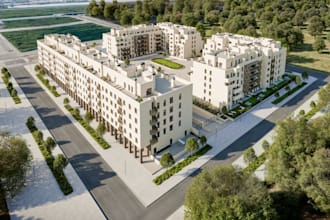 render urban building development, site landscaping, cgi exterior, aerial view