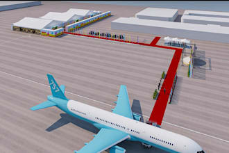 redesign airport hangar,outdoor jetway landscape,aircraft layout,virtual carpark
