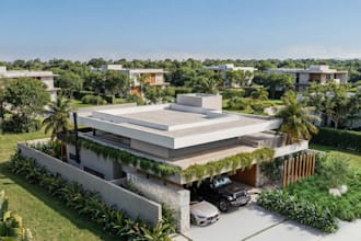 build 3d real estate,outdoor facade,swimming pool, lounge chair,landscape garden