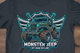 do high quality custom vintage monster jeep mascot logo with t shirt design