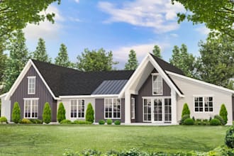 rebuild craftsman house plan, modern farmhouse exterior, gable roof design, cgi