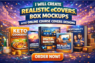 create realistic ecovers, box mockups and online course covers designs