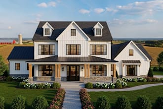 create a photorealistic 3d farm house, barndominium, green house renders, urban