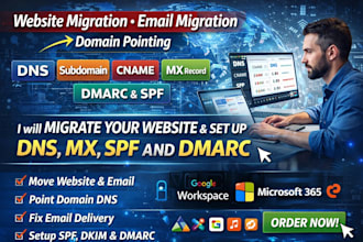 migrate your website and set up dns, mx, spf and dmarc domain connection
