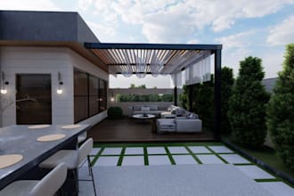 render apartment exterior, with 3d rendering of patio, pergola, pool, 3d balcony