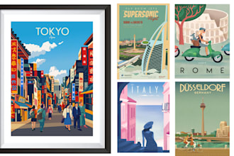 design illustrated vintage retro travel poster art, art tourism movie posters