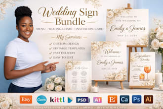 design editable wedding sign bundle, menu printable seating chart and invitation